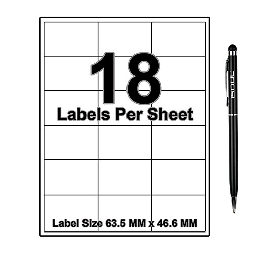 18 Per Page/Sheet, 200 Sheets (3600 Sticky Label), iSOUL White Blank Matt Self-Adhesive A4 Address Shipping Labels Stickers, Laser Inkjet Compatible L7161/J8161 Printer Paper, 63.5 X 46.6 mm JAM Free