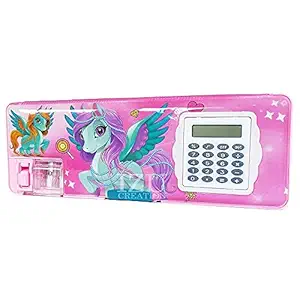 IZU Multipurpose Magnetic Pencil Box with Calculator, Dual Sharpener for Girls & Boys for School, Big Size Cartoon Printed Pencil Case for Kids. (Unicorn)