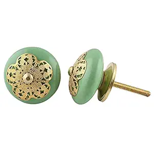 2 Pieces Kids Knobs | Ceramic Door Cabinet Handles | Green Door Knobs for Kids Room | Strewn Flat Cabinet Door Pull | 3.81 cm Knobs