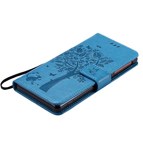 Sony Xperia Z3 Hülle Blau im Retro Wallet Design,Cozy Hut Sony Xperia Z3 Hülle Leadertasche Premium Lederhülle Flip Case im Bookstyle Folio Cover Kartenfächer Magnetverschluss und Standfunktion Leder Schale Etui für Sony Xperia Z3 (5,2 Zoll) Handytasche Schutzhülle Katzen und Bäume Muster – blau - 5