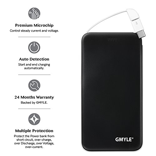 USB-C-Powerbank, GMYLE 5000 mAh, schmales tragbares externes USB-Ladegerät mit integriertem Micro-USB-Kabel und USB-Adapter Typ C (schwarz) - 5