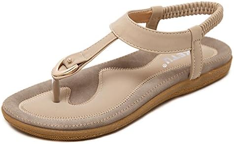 Falaiduo Fashion Women's Bohemian Beaded Ankle Strap Flat Sandal Large Size (UK 4.5, Beige)