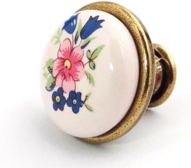 "Kari" Furniture Knob Porcelain White with Floral Design and Metal Base in Antique Brass Finish