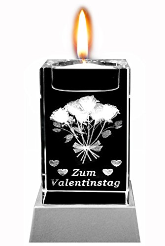 Kaltner Präsente Stimmungslicht - Das perfekte Geschenk: LED Kerze / Kristall Glasblock / 3D-Laser-Gravur Teelichthalter Blumen ZUM VALENTINSTAG