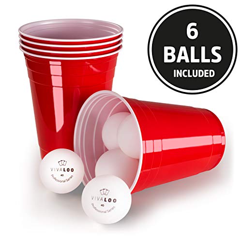 Vivaloo 50 Unidades + 6 Pelotas | Vasos De Plástico | Vasos Rojos Y Duros, Ideal para Beer Pong De Película Americana | para Fiestas, Juegos De Beber, Celebraciones | Resistentes Y Desechables