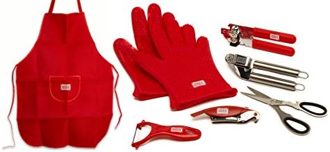 Venoly 7 Piece Kitchen Essentials Kit, Includes Garlic Press, Peeler, Corkscrew, Wine & Can Opener, Kitchen Scissors, Apron & Silicone Gloves - Stainless Steel Set