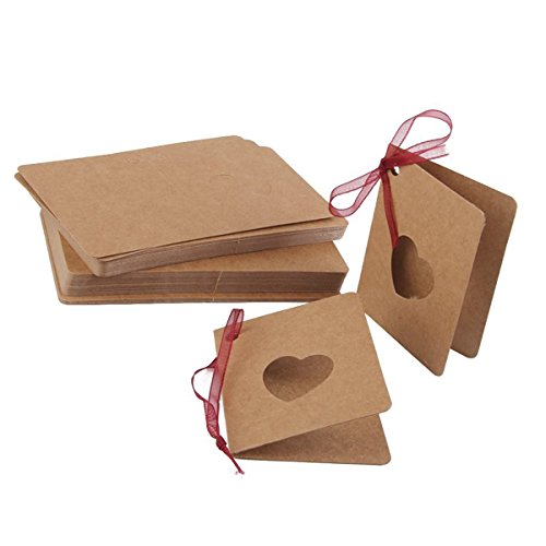 LUOEM Kraftpapier Hang Tag Karte Tag Mit Roten Seil Hohle Herz Lable für Hochzeit Geburtstag Deko Pack of 50