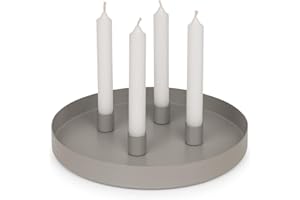 MIJOMA - Rundes Metall-Tablett Ø25cm, Ideal für Advent & Alltagsdekoration, Pulverbeschichtet, Mit 4 Magnetischen Stabkerzenhaltern für Kerzen Ø2cm, Individuell Arrangierbar (Grau)