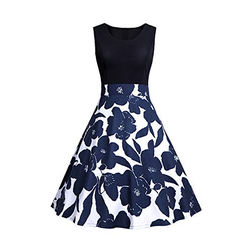 Bahoto Femmes Robes sans Manches Floral Imprimer Soirée De Bal Swing Dress Robe de Soiree Vintage Hepburn Rétro Imprimé Pin-up Cocktail Robe Ceremonie sans Manches Grande Taille Robe Patchwork