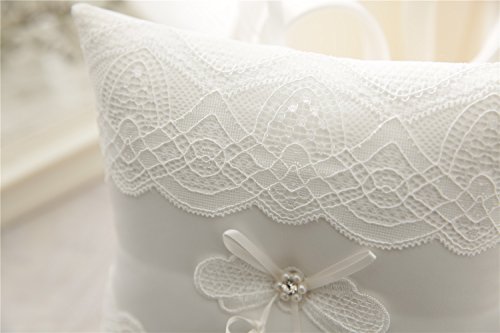 Hochzeit Ringkissen Kissen gestickte Blumen mit Schleife 19cm * 19cm — Ivory - 5