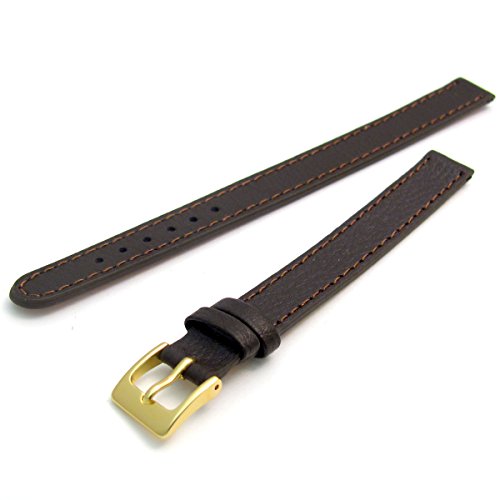 Super Long Ladies XXL Leather Watch Band Strap Buffalo Grain 10mm Brown Gilt (Gold Colour) Buckle