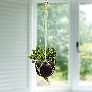 Urban Plant Metal Hanging Planter (Dia 6.0 Inch, Height 3.9 Inch) MATTE BLACK + Handmade & NATURAL Jute String (22.1 Inch Long) with Sturdy Hanging S Hook | Useful for Indoor or Balcony Hanging Plants