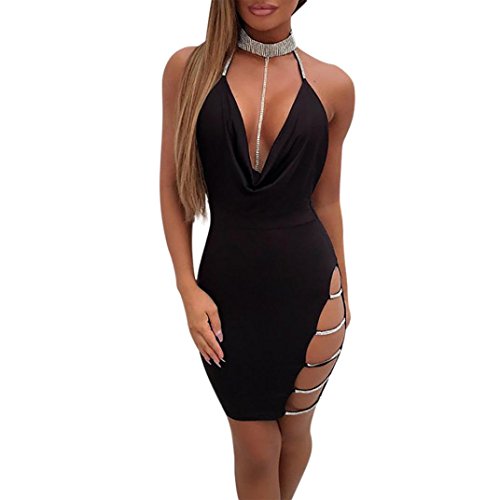 beautyjourney Robe Soiree Pas Cher,Femme Sexy Profonde V Cou Halter Dos Nu éTrangleur Fente Sequine Bodycon Mini Robe Robe De Plage Longue Robe De Plage Dentelle (S, Noir)