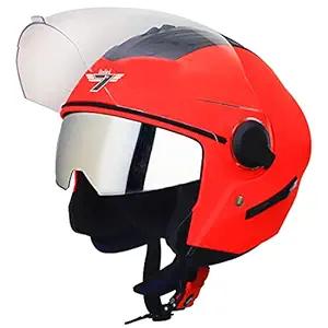 Steelbird SBA-3 7Wings Open Face Helmet with Chrome Silver Sun Shield, ISI Certified Helmet (Large 600 MM, Glossy Fluo Red)