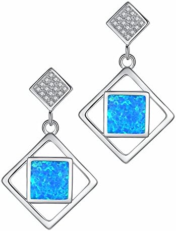 Sterling Silver Square Blue Green Fire Opal Inlay and Cubic Zirconia Drop Earrings for Women - SC043e46