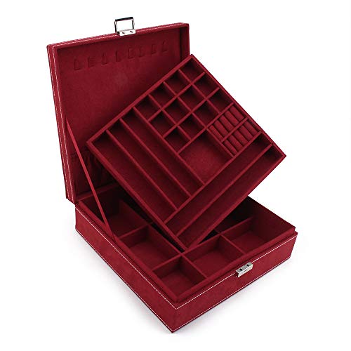 Preisvergleich Produktbild OOSAKU 2-Lagen Schmuckkästchen Flanell Abschließbarer Jewelry Organizer Aufbewahrungskoffer mit Abnehmbarer Fachverriegelung für Halsketten Ohrringe Ringe Rot