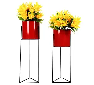 HINS Iron Metal Cylinderical Flower Planter With Long Stand Set Of 2 For Indoor & Outdoor Gardening Home Decore (Red)I Plant Stands For Indoor Balcony I Plant Bench I Plant Stands I Pot Stand Single I Potted Plant Stand I Big Pots I Metal Plant Stand I Tall Outdoor Planter I Metal Casters I Large Plant Stand I Pot Stands For Garden I Indoor Plants Stand I Iron Plant Stand I Terrace Garden Stand I Garden Rack I Iron Stand For Pots I Pots Stand I Indoor Planter W