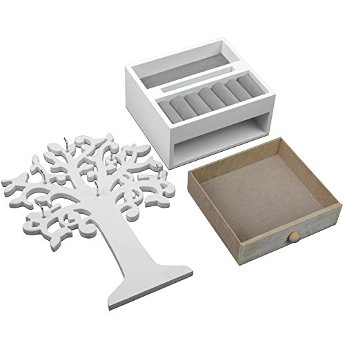 Schmuckbaum H30,5cm mit Schmuckkasten Ablagen + Schubfach Schmuckständer Schmuckhalter Kettenständer Weiß/Natur - 4