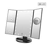 LoveSelfy Miroir Maquillage 24 LED Lumière Illuminées 10X 3X 2X Grossissant Écran Tactile Rotation 180 Degrés Trifolié, Luminosité Ajustable, Cosmétique Vanité Miroir pour Coiffeuse Voyage - Noir