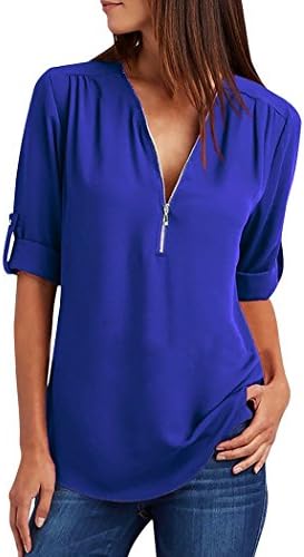 Issza Women's Sexy V-Neck Chiffon T-Shirt Blouse Cuffed Cropped Sleeve Half Zip T-Shirt