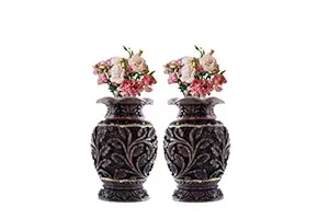 Varuna Arts Wooden Handmade Shikar Antique Flower Vase/Pot Set of 2 for Home Decoration Wooden Vase