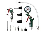 ACCESORIOS PARA COMPRESOR Aplicación universal para neumáticos de bicicleta, colchonetas hinchables, balones, etc. La pistola de aire incluye 2 boquillas alargadoras Pistola de inflado con válvula de purga e indicador de la presión Manguera con clavija para válvulas y diversos adaptadores Apto para la mayoría de compresores habituales Contenido: 1 pistola de aire y 2 boquillas, 1 pistola de inflado con manguera para la válvula, 7 adaptadores con acoplador Presión de trabajo máx.: 8 bar