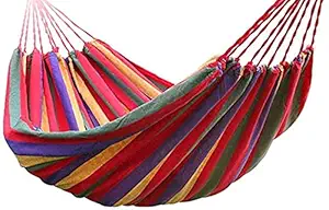 Mukhivala Portable Swing Hammock Leisure Hanging Canvas Wooden Red Stripes for Outdoor Garden Patio Camping Beach Travel Sleeping Bed