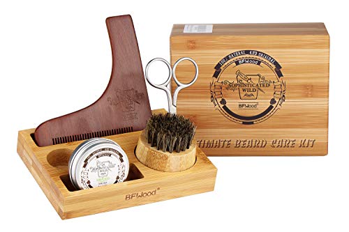 BFWood Kit soin de la barbe avec support en bambou pour homme avec peigne mise en forme barbe, pour l'entretien, l'assouplissement, le conditionnement et la mise en forme