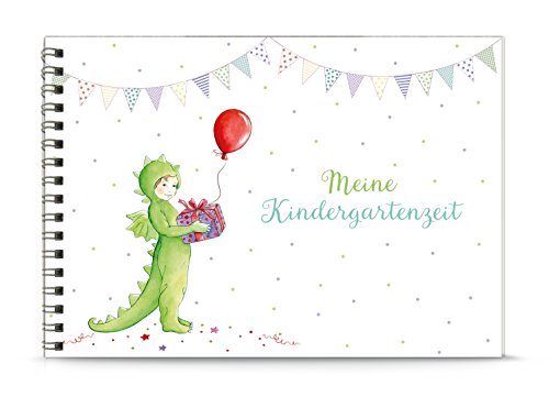 Preisvergleich Produktbild DIN A5 BÜCHLEIN (Spiralgebunden) MEINE KINDERGARTENZEIT DRACHE DINO GRÜN • Kleines Einschreibbuch für Erinnerungen im Kindergarten • Papier matt, unliniert