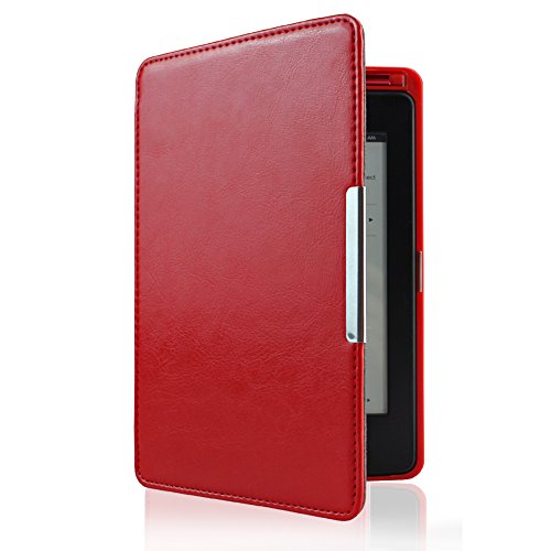 WISD® Lederhülle für Amazon Kindle Paperwhite 2016 / 2015 300 PPI 3.Generation / 2013 / 2012 Versionen Leder Schutzhülle Hülle Tasche mit Ständerfunktion + Auto Sleep/Wake Up Funktion + Stylus Pen + Displayschutzfolie-einfaches und nobles – Rot - 2
