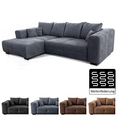 Cavadore Ecksofa Mavericco / XXL Couchecke in Mikrofaser / Mit Kissen / Longchair links / Industrial Style / 285 x 69 x 170 (BxHxT) / Mikrofaser Grau