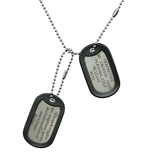 Graphotype acero inoxidable Juego de 2 etiquetas de perro de estilo militar, con cadenas de bolas y silenciadores, grabado con láser con su mensaje
