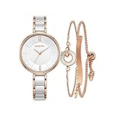 MAMONA Damen Uhr Analog Quarz mit Edelstahl Armband Rosa/Gold Weiße Keramik Uhrenset 3887LRGT