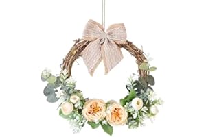 JIAJIAYI Artificial Peony Wreath Handmade Flower Wreath with Green Leaves Spring Grapevine Wreaths Wall Hanging Pendant for Door Farmhouse Party Wedding Home Decor