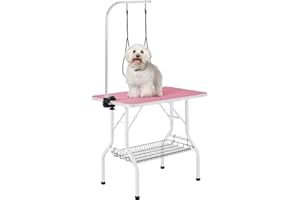 Yaheetech Table de Toilettage pour Chien/Chat/Animaux de Companie Pliante avec Potence Réglable 2 Sangles Une Panier de Rangement et Surface Travail Plus Large Antidérapente Capacité 100kg Rose
