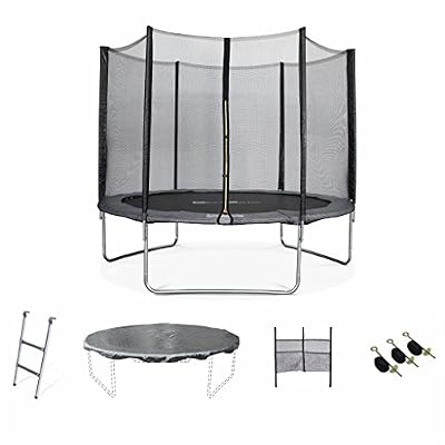 Alice's Garden Trampoline de jardin Mars XXL 305cm gris avec filet de protection, échelle, bâche, filet chaussures, kit d'ancrage 305 300 cm