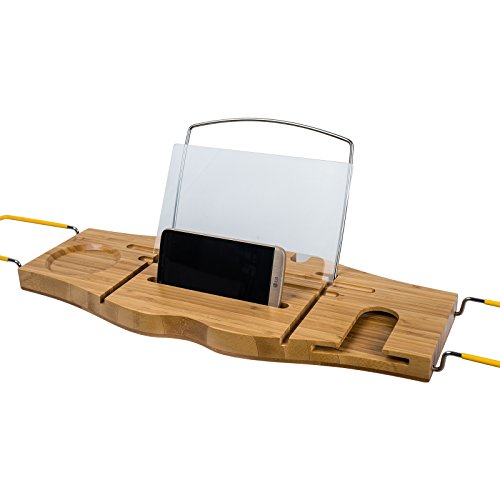 TOP-MAX badewannenablage ausziehbar Bambus Ablage Badewanne Rack Badewannenbrücke Bad Caddie mit buchstütze für Lesung Buch IPad Pro Glashalter für Wein oder Sekt Weihnachtsgeschenk - 7