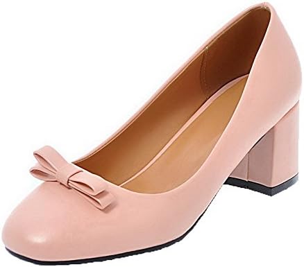 Odomolor Women's Solid Pull-On Kitten-Heels PU Closed-Toe Court Shoes, Pink, 36