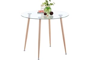 GOLDFAN Small Round Glass Dining Table Modern Kitchen Table 4 Seater Dining Table with Metal Legs for Dining Room Office,90cm