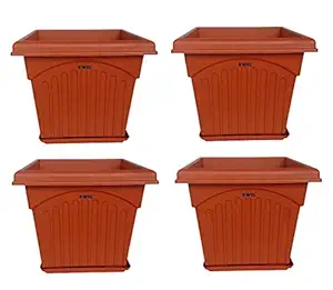 KWEL UV Treated Heavy Square Plastic Planter Pot with Tray for Home and Garden Decoration Pack of 4 Pots (Brown, 12 Inch)