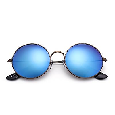JM Rétro Rond Métal Des lunettes de Soleil Femmes Hommes Flash Miroir Réfléchissant Cercle Lentille UV400 (Bronze/Revo Bleu)