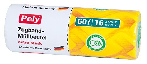 Pely® ECO 8536 Sacchi della Spazzatura con Chiusura Automatica. Capacità 60 Litri, 65 cm x 75 cm. Super Economico Pacchetto di 256 Sacchi. Prodotto Fabbricato in Germania in Modo Sostenibile
