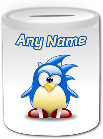 Personalised Gift - Sonic Hedgehog Money Box (Penguin Video Game Character Costume Design Theme, White) - Any Name Message Unique Saving Piggy Bank Silly Funny Novelty Computer RPG Portable