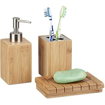 Relaxdays Bad-Accessoires-Set 4-teilig, Bambus, Zahnbürstenhalter