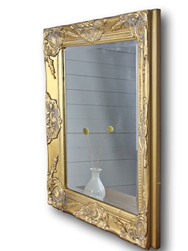 elbmöbel Wandspiegel rechteckig in gold antik mit Patina 62 x 52cm | Spiegel schlicht barock aus Holz mit Facettenschliff | im Landhausstil als Badspiegel | Schminkspiegel bzw. Frisierspiegel für das Landhaus