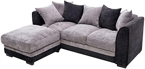 EVAHO 3 Seater Corner Sofa Living Room Furniture Black or Brown Jumbo Cord Chenille Fabric Settee Couch with Cushions (3 Seater+Footstool Black)