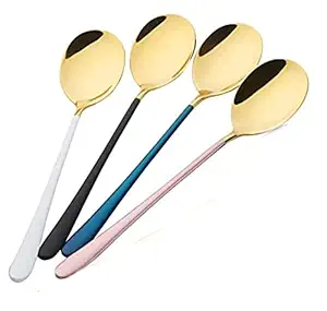 store 4 PCs 304 Stainless Steel Golden Spoons for Soup /Round Colorful Dinner Spoons Long Handle Table Spoon 21 cm 4 Random Color (Gold)