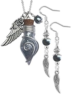 Katharina Fairytale Damen Schmuck Set Kette Phiole und Ohrringe der Engel silbergrau