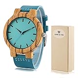 Herren-Holzuhr, kreatives Bambus-Holz, modisches blaues Zifferblatt für Weihnachten