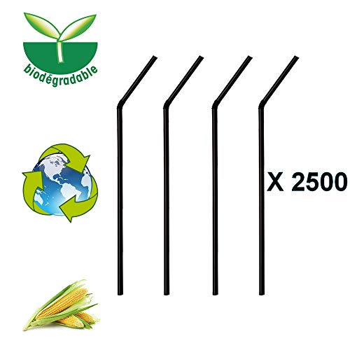 LE PETIT FOURNISSEUR | 2500 Pailles Flexibles Noires 24cm | 100% Biodégradable | PLA (amidon de Maïs) | Écologique